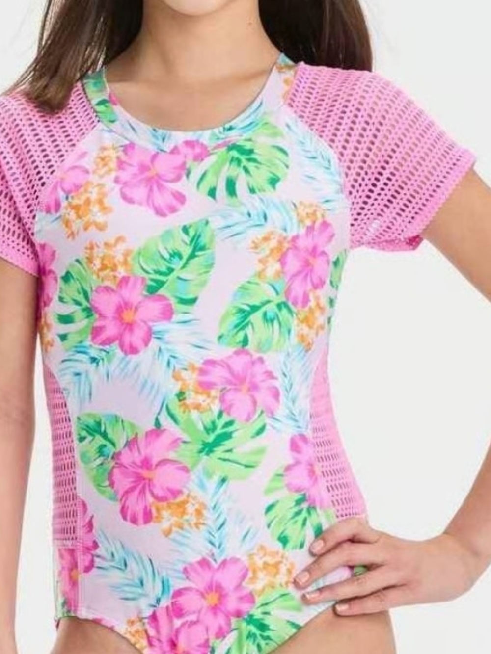 Art class Pink Floral Mesh-Sleeve One-Piece Swimwear Girls XS (4-5)
